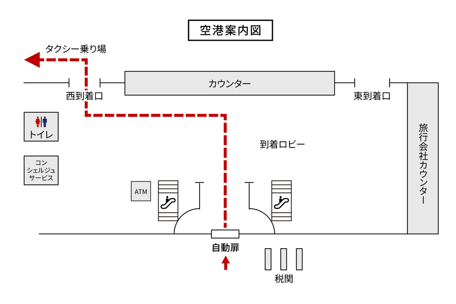 グアム空港の到着ロビーから西到着口を出てタクシー乗り場までの道順を示した案内図